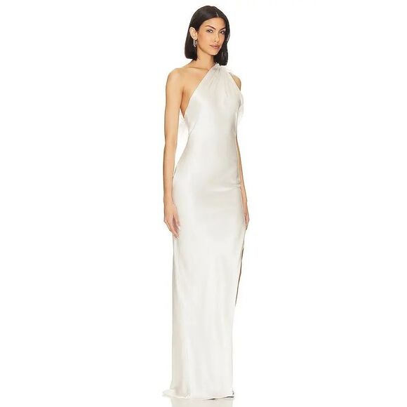 NWT MadeByIla One Shoulder Feather Trim Open Back Silk Emma Gown White $1200 - Picture 2 of 15